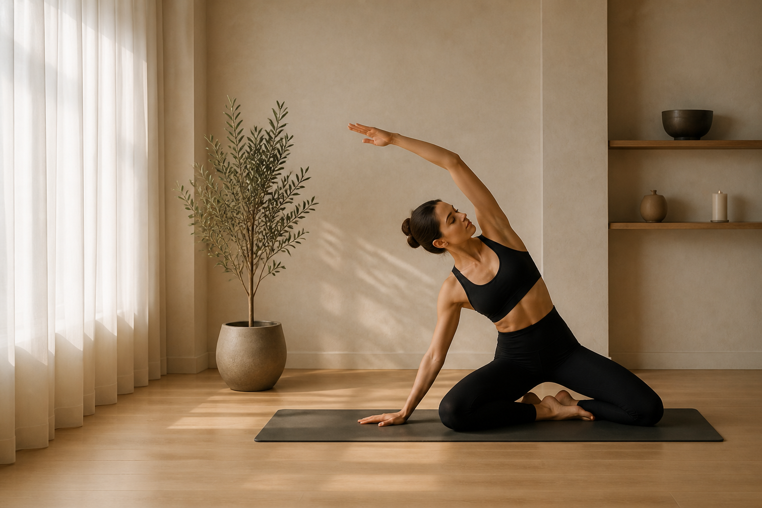 Frau bei einer kontrollierten Pilates-Seitbeuge auf der Matte